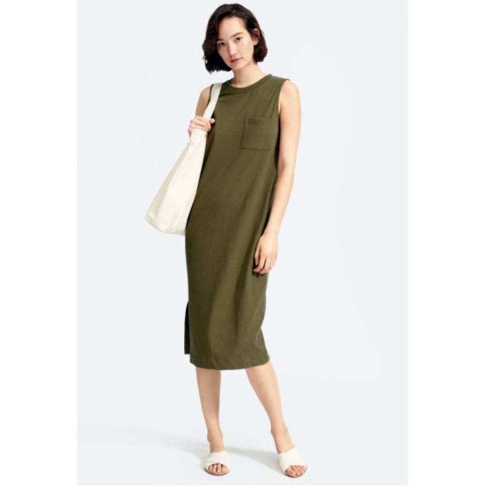 Everlane Long Weekend Tank Dress Womens XS Olive Green Pocket Side Slit Midi